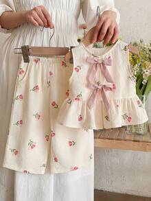 Emery Rose Kids Emery Rose Kids 两件套少女格子圆领修身休闲上衣和宽松休闲裤套装 - 白色 - 查看 4