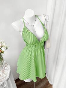 Rustia Plus Size Women Deep V-Neck Sexy Halter Striped Dress - Green - View 4