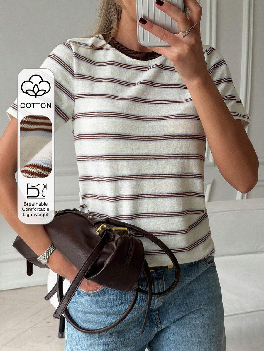 Livesso Camiseta de cuello redondo de manga corta a rayas para mujer - Beis - Ver 1