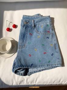SHEIN MOD 女款蝴蝶結刺繡口袋休閒牛仔短褲，嬰兒藍，夏季，可愛，城市旅行，節慶海灘度假生日 - 藍色 - 查看 8