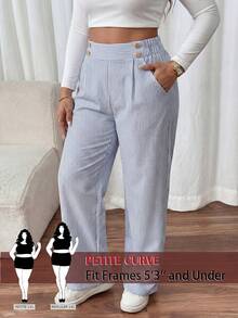 SHEIN PETITE CURVE 大码女士直筒优雅办公裤，女士休闲裤，大码裤装，蓝色条纹高腰裤，大码裤装 - 藍色 - 查看 1