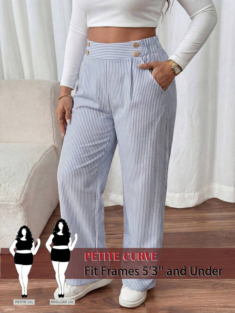 SHEIN PETITE CURVE 大码女士直筒优雅办公裤,女士休闲裤,大码裤装,蓝色条纹高腰裤,大码裤装 - 藍色 - 查看 1