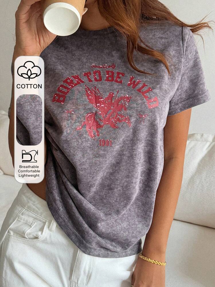 Women's Loose Fit Round Neck Short Sleeve Letter Print Casual Street T-Shirt
