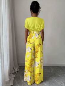 Elenzga Bộ jumpsuit dài in họa tiết, cổ chữ V, dáng rộng, xếp ly, eo, dành cho nữ. - Màu vàng ngỗng - Xem 2