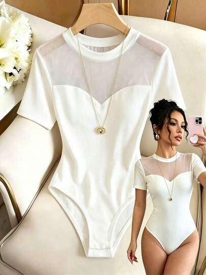 Franclia Tuta aderente da donna, tuta casual da donna, tuta elegante da donna, minimalista versatile, top bianco, tuta intera, body aderente, adatta allo stile intellettuale per il lavoro e gli spostamenti. Outfit estivo, outfit per vacanze estive, primavera, abbigliamento da donna per la primavera, spiaggia, compleanno, abito da compleanno, uscita, vacanza, abbigliamento casual, stile millennial, outfit per la stagione di laurea, abbigliamento casual versatile e alla moda per uso quotidiano, tuta con inserti in rete, tuta a maniche corte