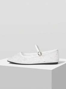 MOTF LADIES ELEGANT VERSATILE COMMUTER MESH FLORAL EMBROIDERED BUTTON FLATS FOR HOLIDAY WEAR - Mesh white - View 7