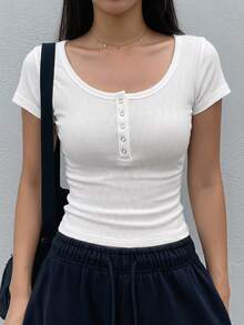 Star Camiseta casual de manga corta con botones y media cartera de unicolor para mujer - Blanco 4 - Ver 10
