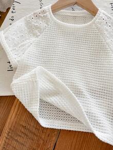 SHEIN LMoss Kids Young Girl Knit Patchwork Woven Hollow Out Raglan Sleeve Fitted T-Shirt - White - View 6