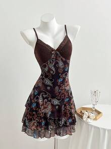 SHEIN PETITE 女款洋裝，佩斯利腰果花卉印花，棕色度假風，拼接對比色網格印花，適合嬌小女性 - 棕色 - 查看 3