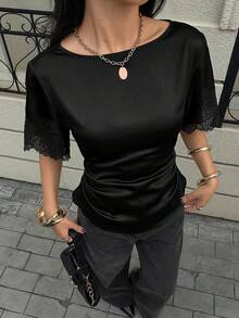 Siren Gaze New Spring/Summer Satin & Lace Patchwork Waist Shirt For Women,Summer Top - Black - View 3