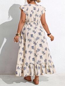 Breezaya Plus Size Women's V-Neck Ruffle Hem Bohemian Print Dress, Suitable For Spring/Summer Vacation Summer Beach Dress Vacation Outfits Women Holiday - Apricot - View 2