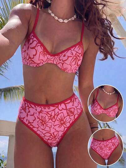 Swim Vcay Women's New Fashion Floral Print Steel Bra Bikini Set, Contrast Color Trim Design, Suitable For Beach, Vacation, Cruise, Music Festival