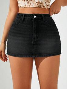 SHEIN ICON 大码女式休闲度假浅蓝色牛仔短裙 - 黑色 - 查看 5