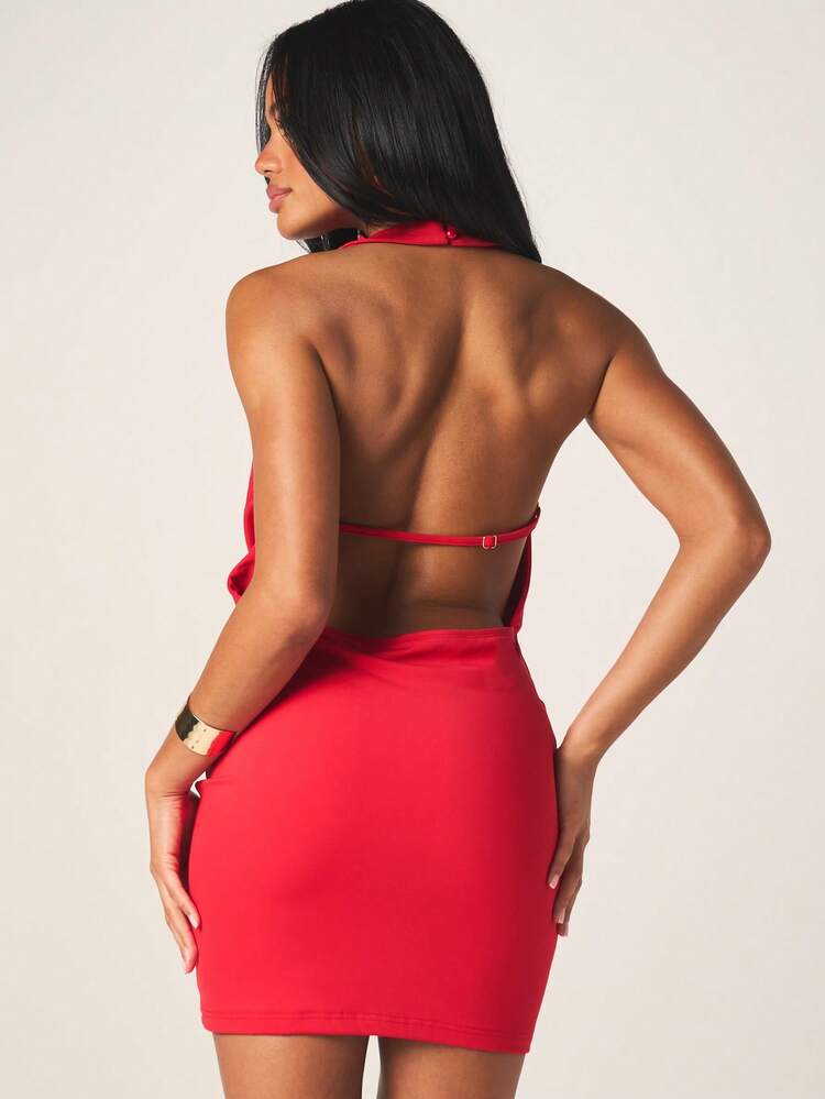 MISSGUIDED Red Plunge Cowl Neck Halter Mini Dress