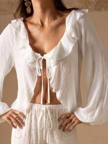 Swim Chiccia Áo khoác kimono mùa hè kiểu Pháp thanh lịch dành cho nữ, cổ chữ V, tay phồng, xếp ly, thắt nơ, thích hợp đi nghỉ mát. - trắng - Xem 3