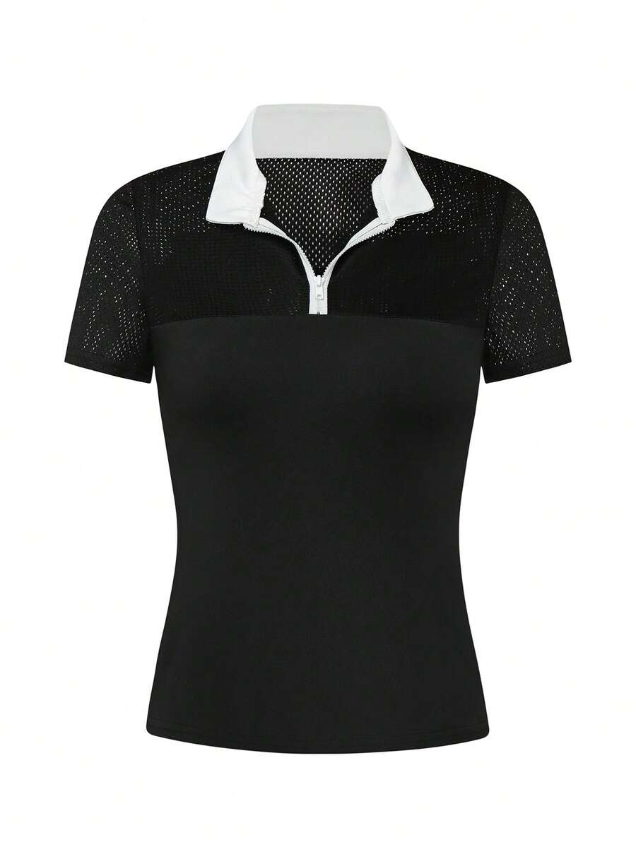 SHEIN With My Calm Women's Contrast Color Zipper Design Short Sleeve Equestrian Top - Black - View 1