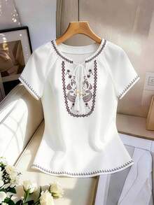 SHEIN Franclia Áo sơ mi ngắn tay nữ kiểu dáng thường ngày, họa tiết hoa điều và hình học, thích hợp cho mùa hè. - trắng - Xem 1