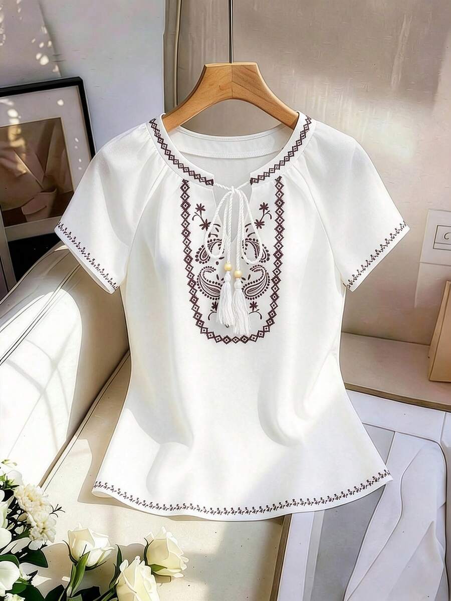 SHEIN Franclia Áo sơ mi ngắn tay nữ kiểu dáng thường ngày, họa tiết hoa điều và hình học, thích hợp cho mùa hè. - trắng - Xem 1