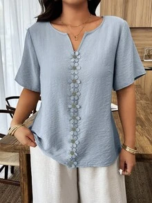 Weeklong Plus Size Women's Spring/Summer Vacation Floral Patchwork Ruffle Trim Loose Short Sleeve Top - Dusty Blue - View 7