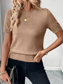 Pariaura Women's Solid Color Casual Versatile Daily Wear Knit Short Sleeve Top - Camel - View 4