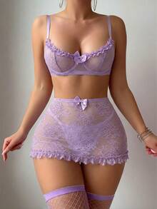 PetitDoll 5pcs Set: Sexy Lace Ruffle Plunge Dress & Fishnet Stockings - Mauve Purple - View 3
