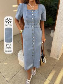 DAZY Women's Square Neck Waist Cinched X-Shaped Short Sleeve Mid-Length Button Down Denim Dress, Spring & Summer Sun Dresses For Women - Blue - View 1