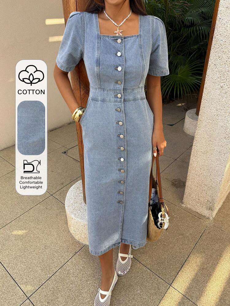 Women's Square Neck Waist Cinched X-Shaped Short Sleeve Mid-Length Button Down Denim Dress, Spring & Summer Sun Dresses For Women