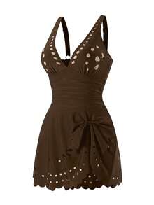 Swim Lushoire Mature Solid Color Cutout Ruffle One-Piece Swimsuit - Coffee Brown - View 4