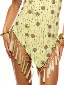 MUSERA Đầm tam giác buộc dây cổ yếm, đính sequin và hạt cườm, tua rua, dễ thương, gợi cảm, thích hợp cho mùa hè, mùa xuân, kỳ nghỉ, đi chơi, dự tiệc. - màu xanh lá - Xem 2