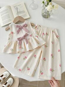 Emery Rose Kids Emery Rose Kids 两件套少女格子圆领修身休闲上衣和宽松休闲裤套装 - 白色 - 查看 6