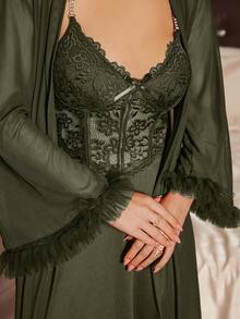 Slumberist 2pcs/Set Fishbone Design Waist Lace Camisole Nightgown + Floral Trim Wide Sleeve Mesh Robe - Army Green - View 7