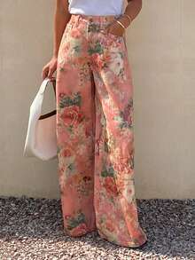 DAZY Women's Casual Floral Print Loose Wide-Leg Jeans - Pink - View 4