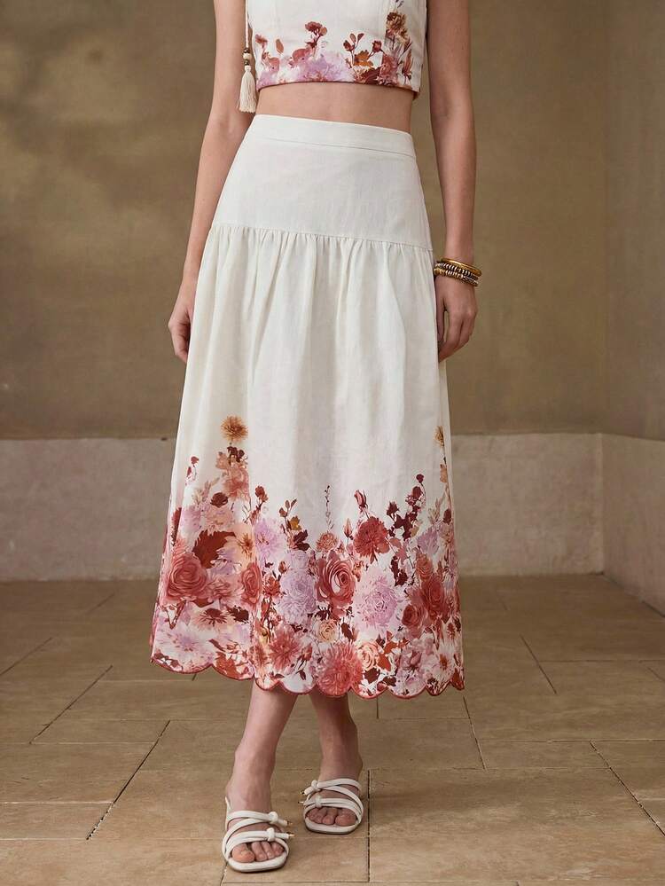 LINEN FLORAL PRINT SKIRT