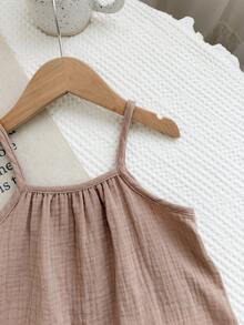 SHEIN LMoss Kids 女童夏季休闲宽松吊带背心和荷叶边短裤两件套 - 卡其色 - 查看 4