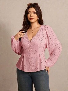 Elaquor 大码女式蕾丝拼接褶皱波点休闲百搭日常衬衫 - 粉色 - 查看 4