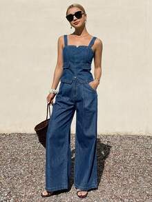 DAZY Conjunto de top con peto de mezclilla y pantalones anchos y sueltos de mezclilla casual para mujer - Azul lavado oscuro - Ver 3