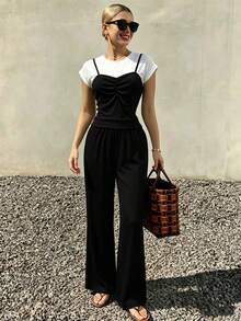 Modelyn Round Neck 2 In 1 Black Top With Loose Pants Knit 2 Pieces Set Brunch Day Time Everyday Holiday Summer Casual Sexy Travel Golf White - Black and White - View 7