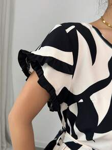 Elenzga Vestido elegante de mujer con estampado de hojas en blanco y negro, de doble capa con mangas de volantes y cinturón en la cintura, para primavera/verano - Multicolor - Ver 3