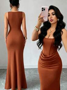 Selianne Đầm hè gợi cảm mới, đầm đen, cổ vuông kiểu Pháp, viền corset giả, dáng đuôi cá, thiết kế xếp ly eo, đầm đuôi cá, đầm dự tiệc cưới, thích hợp cho kỳ nghỉ, hẹn hò, tiệc tùng, ngày Valentine, đám cưới. - Màu nâu  Mocha - Xem 6