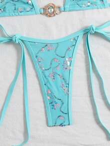Swim Vcay Swim SXY 2-Piece Set, Sequin Textured Fabric Gold Snake Rhinestone Decor Halter Triangle Bra And Side Tie Bikini Swimwear For Women, Spring/Summer - Mint Blue - View 6