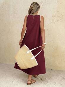 Vestido largo de cuello redondo casual para mujer, adecuado para uso diario y citas - Burdeos - Ver 7