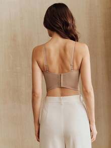 Anewsta Elegant French Lace Rhinestone Embellished Fitted Camisole, Sexy Open Back Spaghetti Strap Top - Apricot - View 2