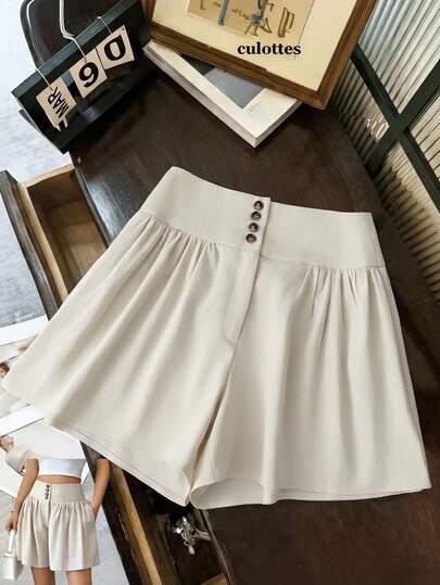 Airaco Summer New Loose Button Casual Wide Leg Shorts Skirt, Ruched Wide Leg Casual Shorts. Apricot Shorts, Suitable For Travel, Commuting, Vacation, Date, Elegant And Versatile Skirt Shorts