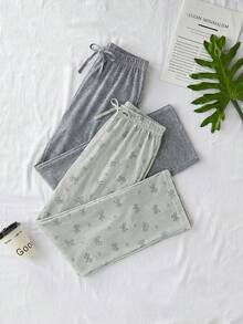 SHEIN 女士纯棉两件套假抽绳纯色睡裤家居舒适套装 - 彩色 - 查看 3