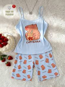 Bộ đồ ngủ cho bé gái tuổi teen, gồm áo hai dây màu xanh nhạt in hình chuột lang nước và quần short cùng màu cũng in hình chuột lang nước. - Màu xanh nhạt - Xem 1