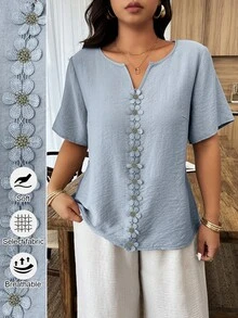 Weeklong Plus Size Women's Spring/Summer Vacation Floral Patchwork Ruffle Trim Loose Short Sleeve Top - Dusty Blue - View 1