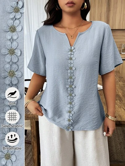 Weeklong Plus Size Women's Spring/Summer Vacation Floral Patchwork Ruffle Trim Loose Short Sleeve Top
