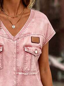 EMERY ROSE Women's Standard V-Neck Denim Print Short Sleeve T-Shirt - White - View 3