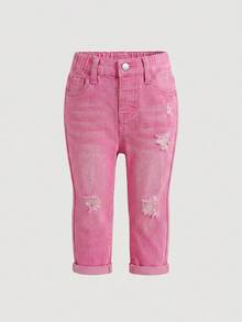 SHEIN Bubblio Quần jean denim rách dáng casual đa năng cho bé gái, có túi và cúc, thích hợp mặc hàng ngày. - Hồng - Xem 3