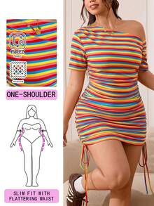 Solflare Vestido casual de nueva llegada para la primavera/verano, mes del orgullo. Adecuado para salidas, uso diario, fiestas, ir al trabajo, festivales de música, vuelta al colegio, graduación, vacaciones en la playa, ropa urbana, ropa de estar en casa, explorar tiendas, paseos por la ciudad, uso en múltiples ocasiones, se puede usar como prenda exterior o en capas. Hombro asimétrico, tejido de punto acanalado de colores del arcoíris, elástico, longitud ajustable, manga corta, fruncido en todo el Body, corto, ajustado al Body, tallas grandes - Multicolor - Ver 9